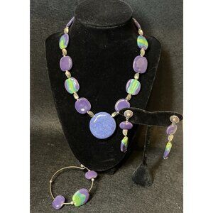 Artisan Ruby Kyanite Fused Glass Jewelry Set Necklace Bracelet Earrings